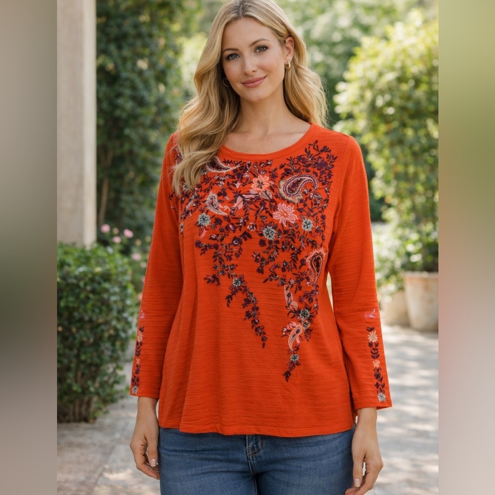 Soft Surroundings Orange Embroidered Long Sleeve Tunic Top